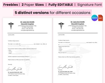 Nota médica editable con firma, excusa médica, plantilla de excusa médica para el trabajo, carta de excusa médica para la escuela, nota de excusa médica