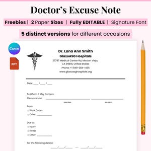 Nota de excusa médica, nota de trabajo firmada por el médico, carta de ausencia escolar editable del médico, plantilla de excusa médica para el trabajo, nota de trabajo firmada por el médico