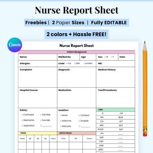 Editable Nurse Report Sheet, Printable Digital nurses page, Nurse Brain Sheet, Single Patient Reporting Template, Nurses Resources, Med Surg