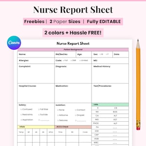 Nurse Report Sheet, Printable Digital nurses page, editable Nurse Brain Sheet, Single Patient Reporting Template, Nurses Resources, Med Surg