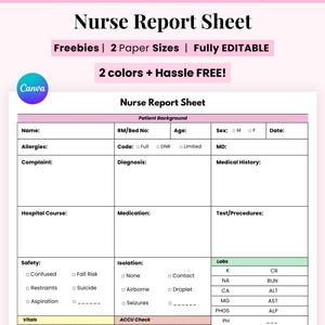 Editable Nurse Report Sheet, Printable Digital nurses page, Nurse Brain Sheet, Single Patient Reporting Template, Nurses Resources, Med Surg