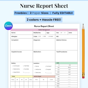 Editable Nurse Report Sheet, Printable Digital nurses page, Nurse Brain Sheet, Single Patient Reporting Template, Nurses Resources, Med Surg