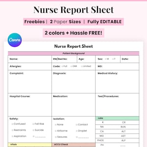 Editable Nurse Report Sheet, Printable Digital nurses page, Nurse Brain Sheet, Single Patient Reporting Template, Nurses Resources, Med Surg