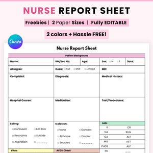 Nurse Report Sheet, Printable simple nurses page, digital Nurse Brain Sheet, Single Patient Reporting Template, Nurses Resources, Med Surg