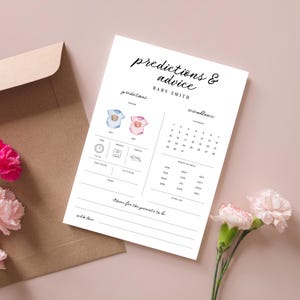 Carte de prédictions de bébé minimale, jeux mignons de baby shower, conseils et souhaits pour les futurs parents, modèle toile pastel, fête modifiable imprimable