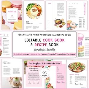 Cookbook recipe notebook, Recipe book template, Recipe binder digital, Printable Family Cookbook, Editable blank personalized canva ebook