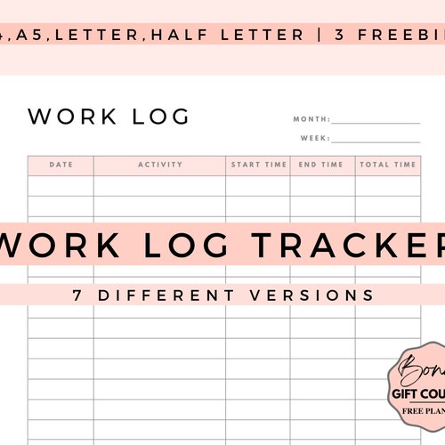 Work Task Log, Work Log Tracker, Work Time Log, Time Spent Tracker, A4, A5, Letter, Half Letter, Activity Tracker Business Project Organizer