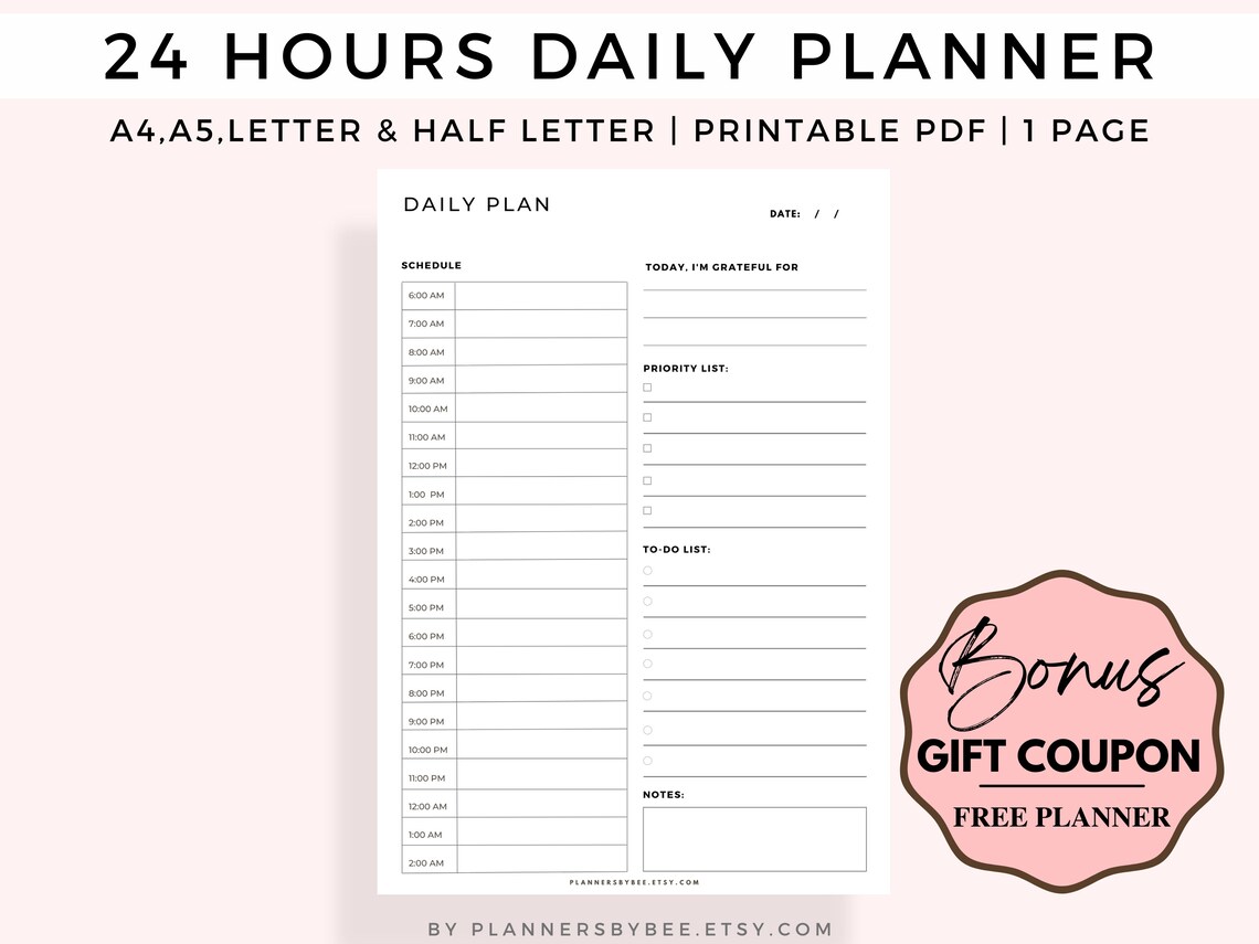 24 Hour Planner Daily Planner Printable Daily Planner | Etsy