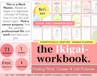 Ikigai Workbook, Best Work & Career Planner, Professional Worksheet, Self-Work Improvement, Life Planning Goal Setting, Life Purpose Planner