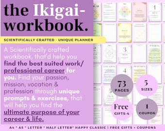 Ikigai Workbook, Best Work & Career Planner, Professional Worksheet, Self-Work Improvement, Life Planning Goal Setting, Life Purpose Planner