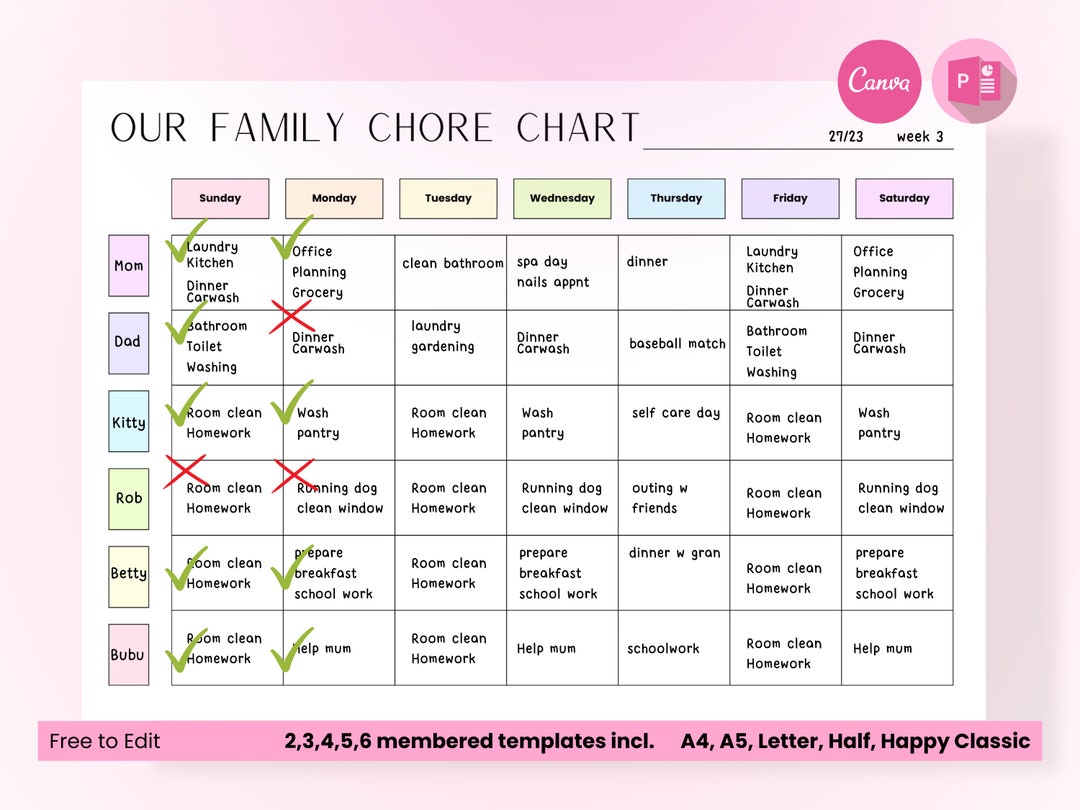 Family Chore Chart Printable, Editable Family Planner, Household Kid ...