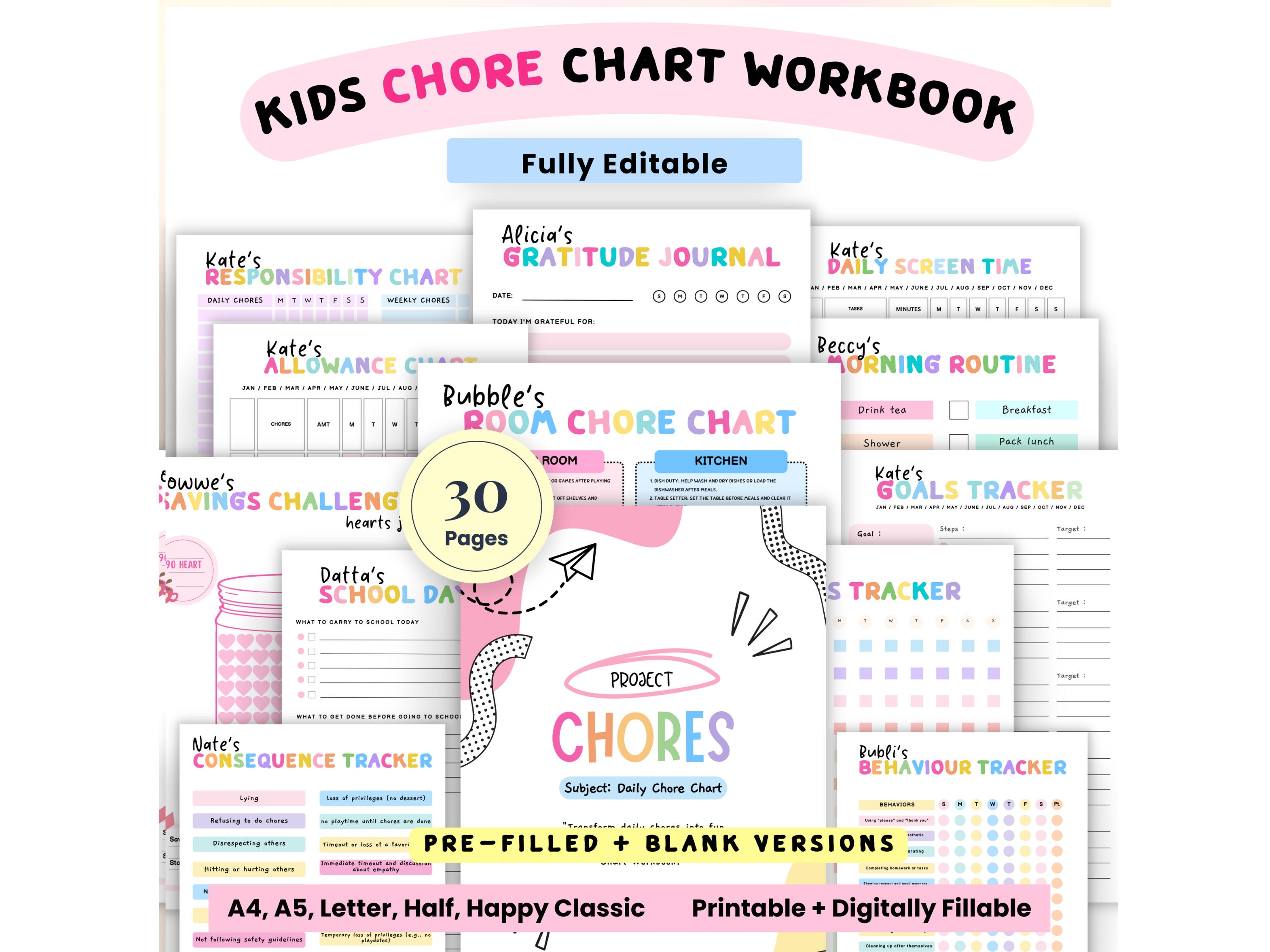 Editable Kids Chore Charts, Weekly Chores PDF, Reward, Allowance, Screen time, School Routine, Behavior Chart, Consequences, Daily Checklist
