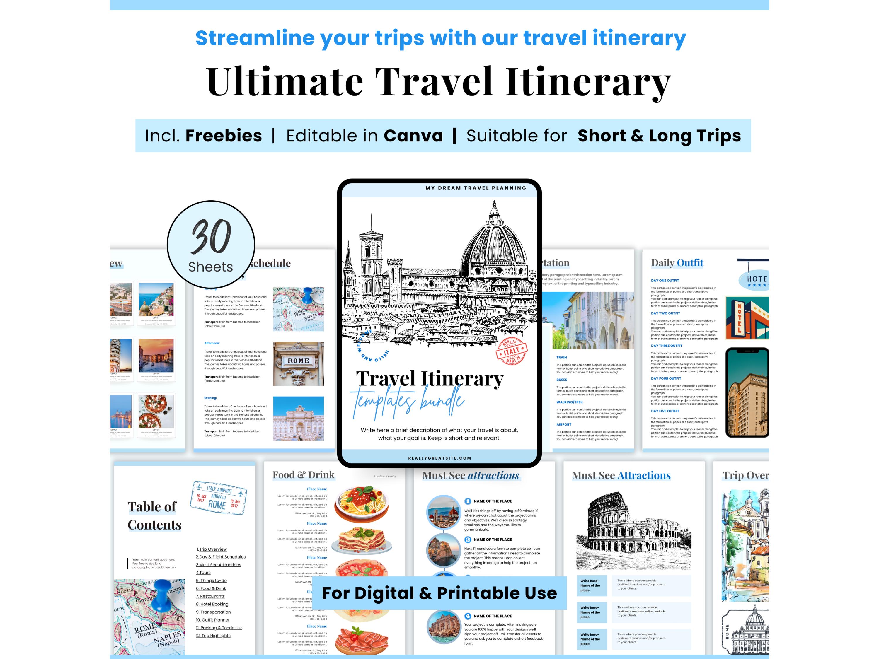 Editable Travel Itinerary Template, Trip Itinerary, Printable Travel Guide, Travel Agent Planner, travel itenary template road trip printoff