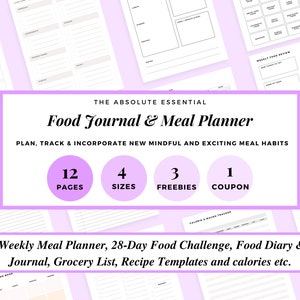 Food Journal, Weekly Food Diary Meal Plan & Prep Tracker Menu Recipe Cooking Templates Grocery List ,Diet Mindful Eating PDF Meal Planner
