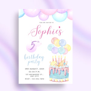 Pastel Pink Purple Girl Birthday Invitation, Pastel Birthday invite, Pastel Birthday Party Invites, Editable Colorful Kids Canva template