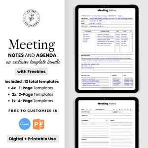 Meeting Notes Template Bundle: Editable Agenda, Minutes, Project Record (Digital Download)