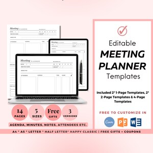 Editable Meeting Notes Template, Meeting Notes Printable, Meeting Minutes Template, Business Meeting Agenda Printable, Project Meeting Notes