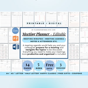 Meeting Notes, Meeting Agenda Template, Meeting Minutes Editable, Office Meeting Planner, Meeting Templates Printable, Work Meeting Note PDF