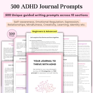 ADHD Journal Prompts, 500 Digital Self-Discovery Prompts, daily planner, self care mental health workbook, Adhd Productivity prompts