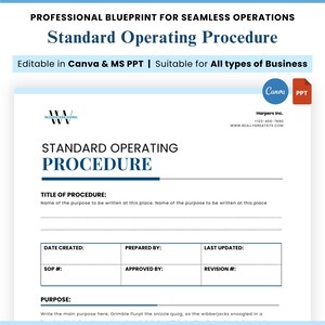 Standard Operating Procedure Template, SOP, Project Details, Business Procedure Document, Work Instruction, Employee Operations Policy, HR