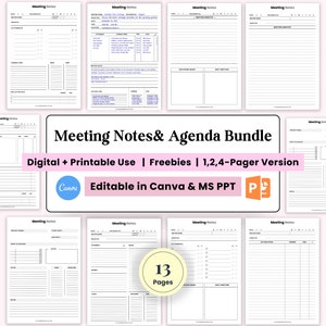 Meeting Minutes, Meeting notes template, Editable Meeting Notes, Printable Business Project Record, Meeting Agenda, Meeting Planner, Agenda