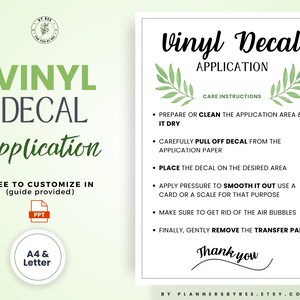 Vinyl Decal Application Card, EDITABLE Vinyl Decal Care Card Instructions, Printable Decal Application Order Card, Sticker Packaging Label