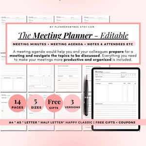 Meeting Agenda Notes Template, Office Meeting Planner, Meeting Minutes Log, Editable, Meeting Agenda Printable, Meeting Notes List Template