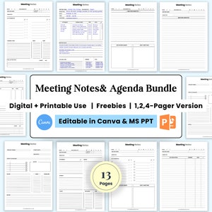 Meeting Minutes Templates, Editable Meeting Notes Printable Business Project Record Agenda, Canva Meeting Notes Printable Digital Remarkable