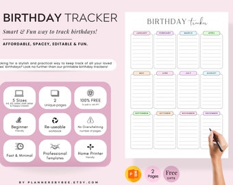 Birthday Tracker Printable Template, Editable Birthday Planner, Birthday Insert, Birthday Reminder, Digital Birthday Planner, Birthday Track