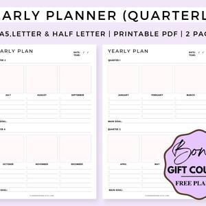 Jaarplanner, kwartaaldoelen, taken en herinneringen, productiviteit, A4/A5/Letter/Half, afdrukbare en invulbare pdf, jaarplanner