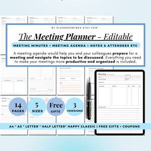 Meeting Agenda Printable, Meeting Notes, Planner, Meeting List Template, Instant Download, Meeting Notes Template, Printable Work Organizer
