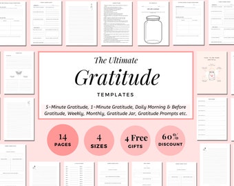 Gratitude Journal Printable Bundle, Gratitude Template, Journal Prompts, Gratitude Jar, Planner, Mindfulness, Wellness, Digital, Self Care