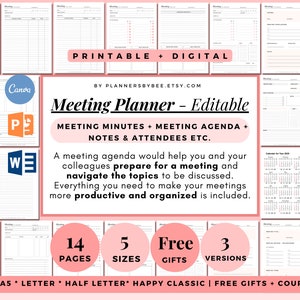 Meeting Agenda Notes Template, Office Meeting Planner, Meeting Minutes Log, Editable, Meeting Agenda Printable, Meeting Notes List Template