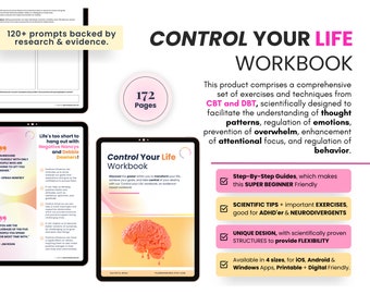 ADHD Therapy Worksheets, Anxiety Control, Self Discovery & Self Improvement, Life Organization, Adult ADHD Guided Journal, Mental Wellness