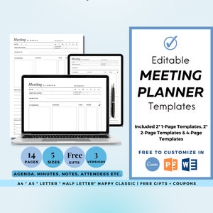 Meeting Notes, Meeting Agenda Printable, Meeting List Template, Meeting Template, Editable Meeting Minutes, Note Taking Canva Presentation