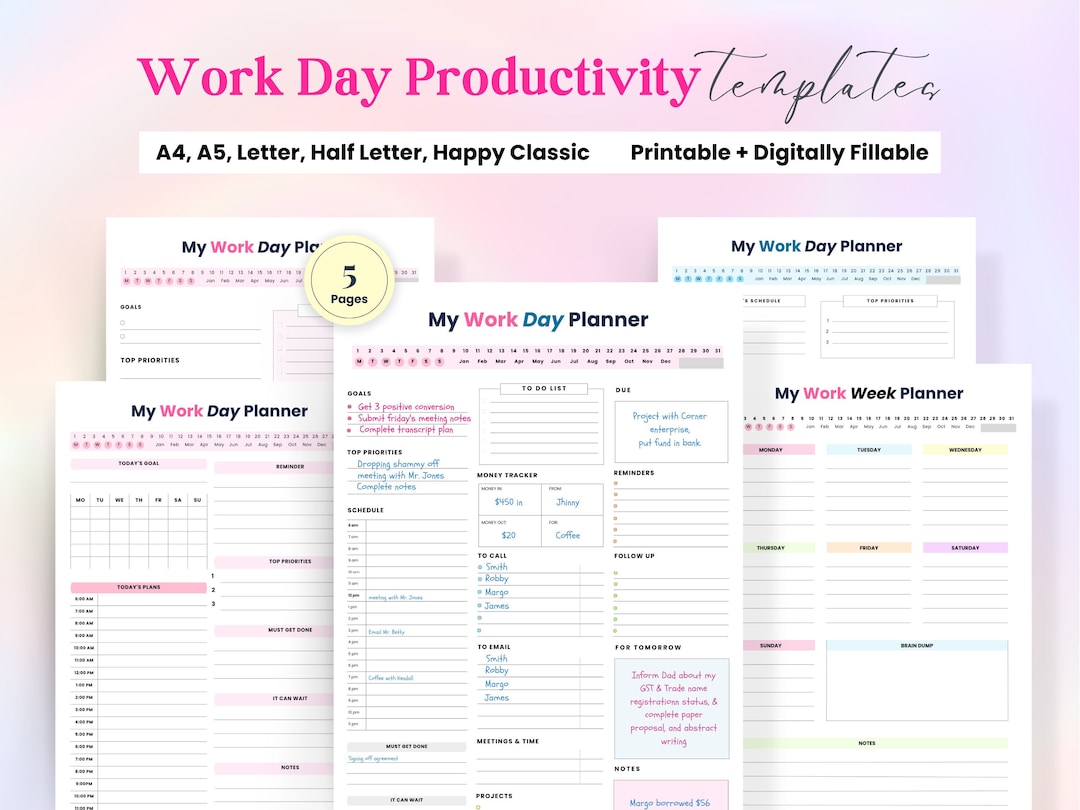 Work Day Planner, Business Office Planner, Productivity Day Planner for