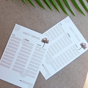 Könnte beinhalten: Zwei weiße Budget-Tracker-Blätter mit floralem Design und den Worten "Budget Tracker" in Schwarz gedruckt. Die Blätter haben Spalten für Einnahmen, Ausgaben und Summen. Auf jedem Blatt ist eine braune Blume aufgedruckt.