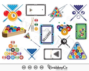May include: A set of 15 colorful billiard balls arranged in a triangle shape, with a green felt pool table in the background. The balls are numbered 1 through 15, and the table has a white felt surface with a black outline. The image also includes a variety of other billiard-related items, such as a cue stick, a rack, and a pool table.