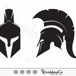 May include: Black graphic of two Spartan helmets. One helmet is viewed from the front, the other in profile. The image includes the text "VividshopCo CREATIVE ZONE" and file type icons.