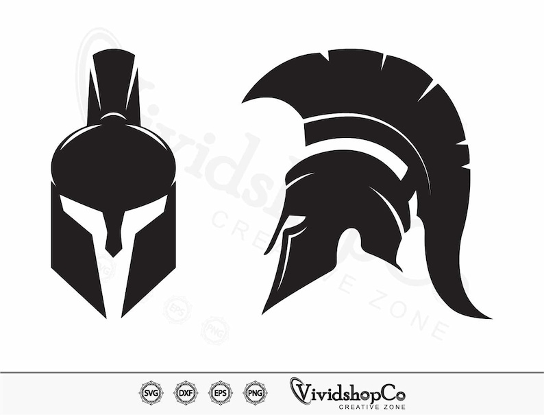 May include: Black graphic of two Spartan helmets. One helmet is viewed from the front, the other in profile. The image includes the text "VividshopCo CREATIVE ZONE" and file type icons.