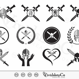 May include: A set of 10 black and white vector graphics featuring a Spartan helmet with swords and an American flag. The graphics are in various styles, including a heart, a wreath, and a circle.