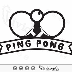 May include: Black and white illustration of two ping pong paddles and a ball with the text "PING PONG" in a banner below.
