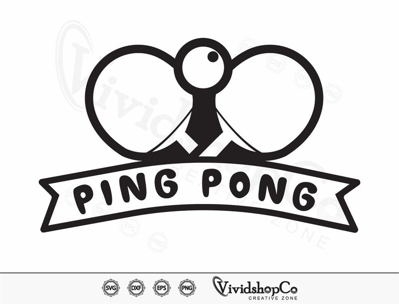 May include: Black and white illustration of two ping pong paddles and a ball with the text "PING PONG" in a banner below.