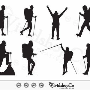 May include: A collection of seven black silhouettes depicting hikers in various poses, including walking with backpacks and trekking poles, standing on a rock, and one figure with arms raised. The text VividshopCo Creative Zone is visible.