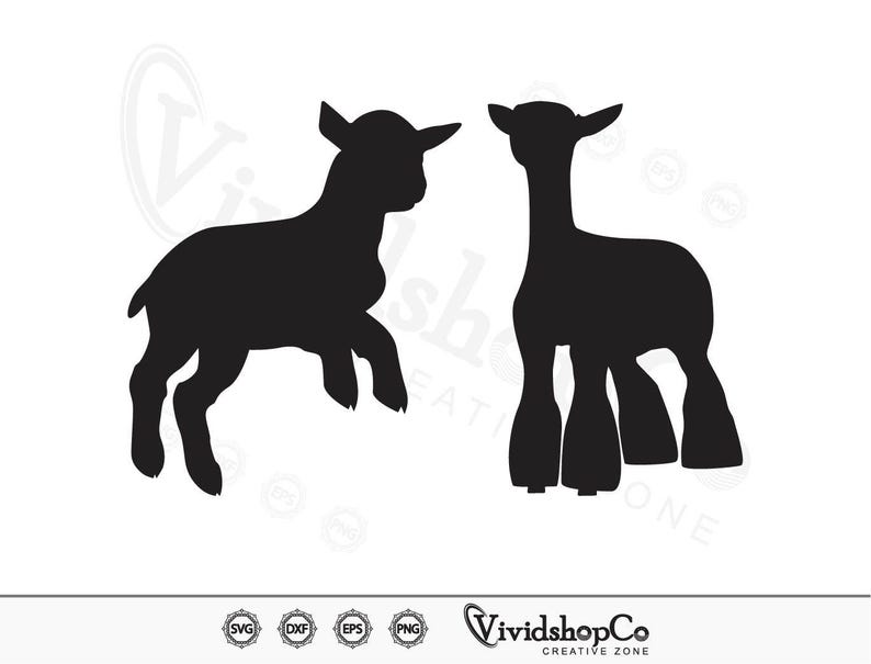 May include: Silhouette of two lambs, one standing and one lying down. Both are black and facing the right side of the image.