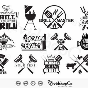 Może przedstawiać: Czarno-białe grafiki wektorowe z motywami grillowania. Projekty zawierają tekst, taki jak "Everybody Chill Dad is on the Grill", "Grill Master", "King of the Grill" i "The Grill Master".