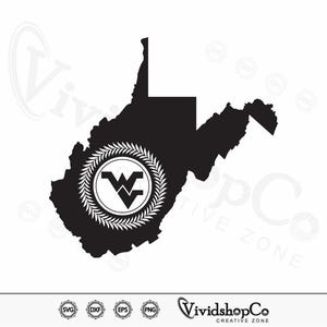 May include: Black and white silhouette of the state of West Virginia with a laurel wreath and the letter "W" inside.