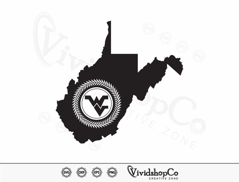May include: Black and white silhouette of the state of West Virginia with a laurel wreath and the letter "W" inside.