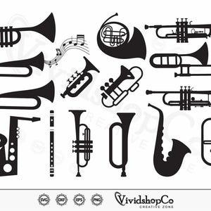 Trompeta svg, Trompeta de cuerno svg, Instrumento musical, Banda de música, Clipart, Archivos de corte para Silhouette, Archivos para Cricut, Vector, dxf, png