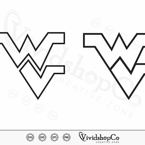May include: Black and white outline of the West Virginia University Mountaineer logo. The logo is a stylized 'W' with two overlapping 'V's.